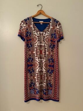 London Times Blue and Red Paisley V-Neck Shift Dress Size 10